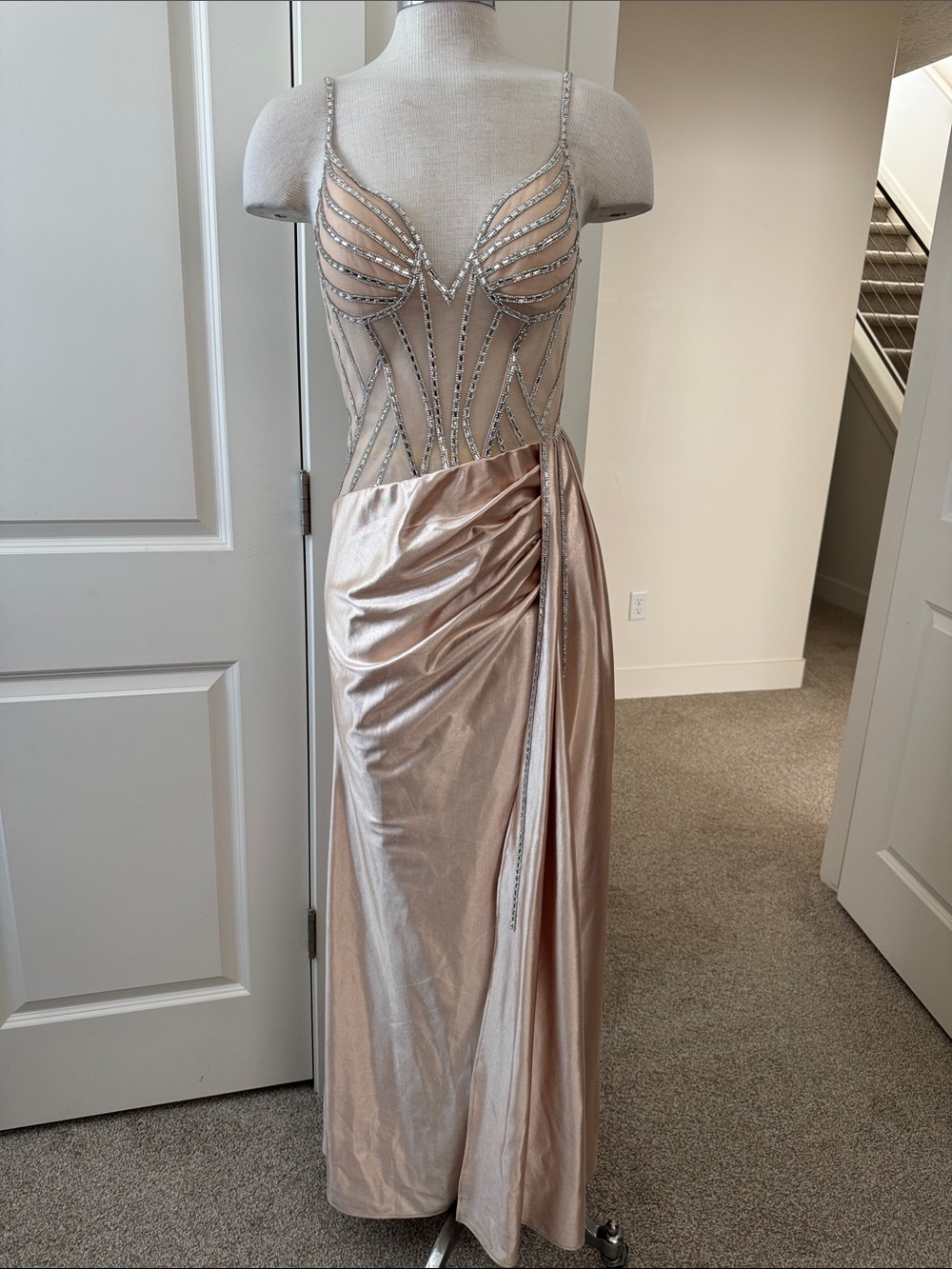 Elegant Nude Beaded Illusion Evening Dress
